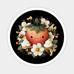 Whimsical Strawberry & Bees - Summer Cottagecore Folk Art Magnet